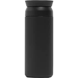 A drink bottle in matte black with a smooth texture and a screw-on lid, featuring a minimalist design and branding.