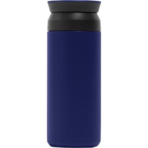 A drink bottle in navy blue with a black lid and a simple design featuring a logo.