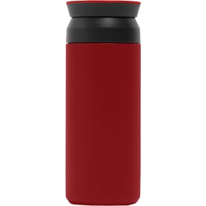 A drink bottle in a vibrant red colour with a black lid and a sleek design. It features a logo.