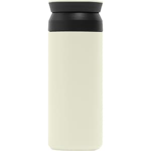 A drink bottle in a light cream colour with a black lid. It features a simple, sleek design and a logo.