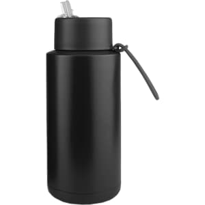 A drink bottle in matte black with a straw lid and a carry handle, featuring a simple design and sleek finish.