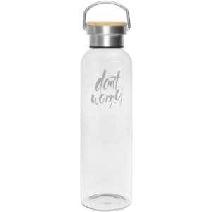 A drink bottle featuring a transparent glass body, wooden lid, and stainless steel handle. It has a motivational message.