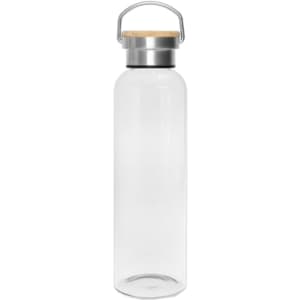 A drink bottle in clear glass with a wooden and metal cap. It features a handle for carrying.