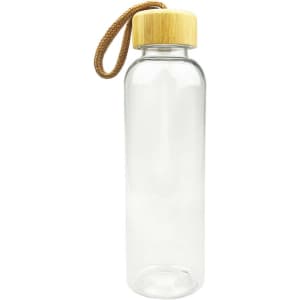A drink bottle made of clear material with a bamboo lid and a brown rope strap.