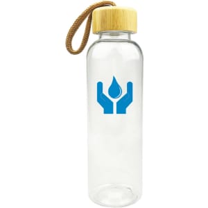 A drink bottle with a clear body, a bamboo lid, and a blue logo depicting hands holding a water droplet.