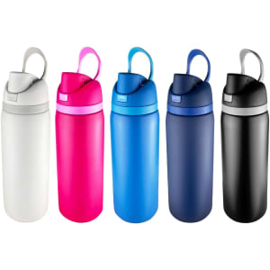 A drink bottle collection featuring white, pink, blue, navy, and black colours, each with a carrying handle and logo.