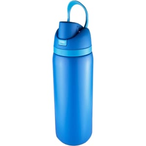 A drink bottle in vibrant blue with a secure lid and sturdy handle. It features a logo on the side.