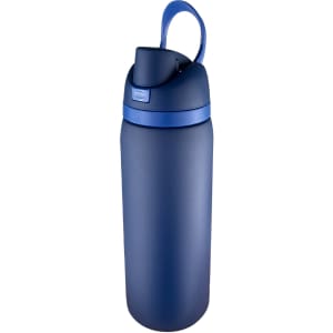 A drink bottle in navy blue with a flip-top lid and a handle. It features a logo on its body.