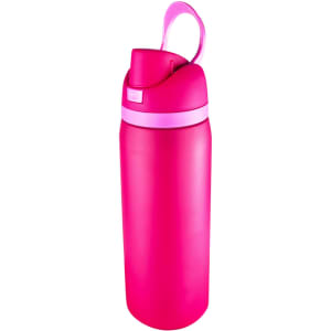 A drink bottle in vibrant pink with a flip-top lid and a carrying handle. It features a logo on the side.