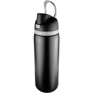 A black metal drink bottle with a grey cap and a carrying handle, featuring a logo on its surface.