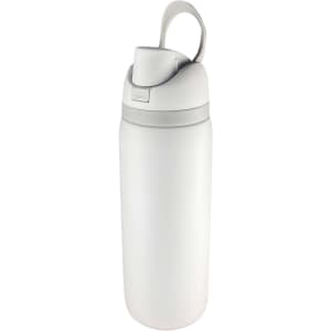A drink bottle in white with a grey lid and a carrying handle, featuring a logo on the side.