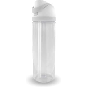 A drink bottle with a clear body and a white lid, featuring a built-in straw and branding.