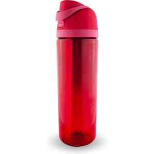 A drink bottle with a transparent red body and a pink lid, featuring a logo.