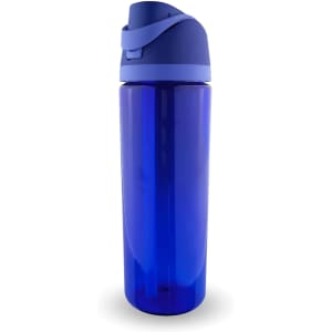 A drink bottle in vibrant blue with a matching lid and a logo. Ideal for hydration on the go.
