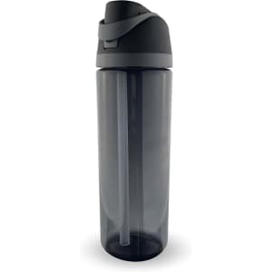 A drink bottle with a transparent grey body and a black lid featuring a straw and a logo.