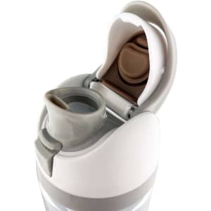 A drink bottle in clear plastic with a grey and white lid, featuring a flip-top spout and a drinking nozzle.