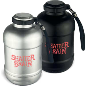 A drink bottle set featuring a silver and a black vacuum bottle, each with a handle and a logo.