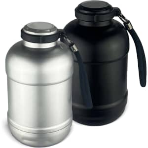 A drink bottle set featuring one silver and one black vacuum insulated bottle, each with a sturdy cap and handle.