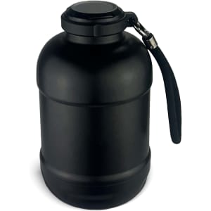 A drink bottle in matte black with a sturdy handle and an attached lid. It features a logo on its surface.