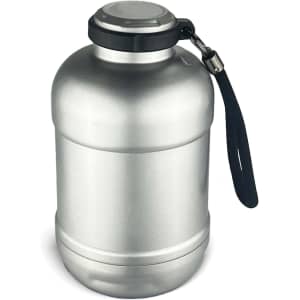 A drink bottle in silver, featuring a screw-top lid, a carrying handle, and a sleek, metallic design.