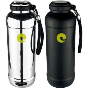 A drink bottle set featuring a shiny silver bottle and a matte black bottle, both with a logo and carry strap.