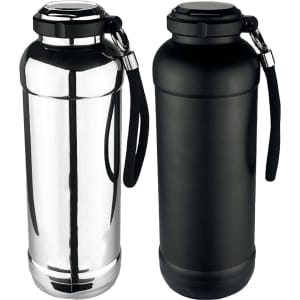 A drink bottle in stainless steel and black finishes, featuring a secure lid and a carrying strap.