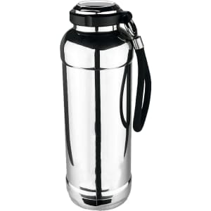 A drink bottle in shiny stainless steel with a black lid and strap, featuring a logo.