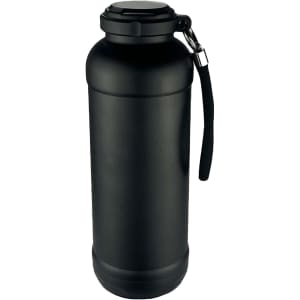 A drink bottle in matte black featuring a screw-top lid and a carrying strap. It has a logo on the side.