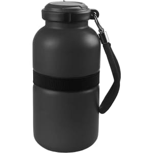 A drink bottle featuring a matte black finish, with a carry strap and a secure lid. It has a logo.