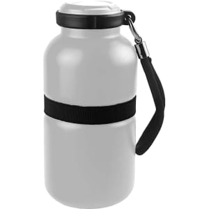 A drink bottle in grey with a black strap and lid, featuring a logo on the side.