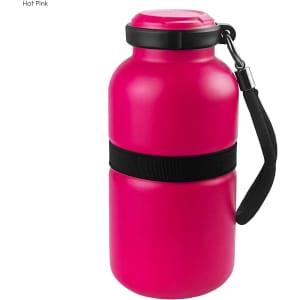 A drink bottle in hot pink with a black strap and a handle, featuring a sleek design and a logo.