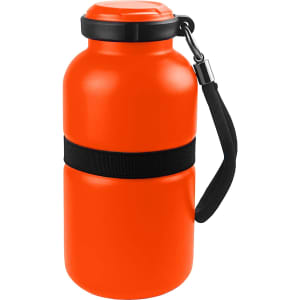 An orange vacuum bottle with a black strap and a black band around the middle, featuring a lid and a handle.