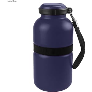 A drink bottle in navy blue with a black strap and a lid, featuring a logo. Ideal for holding beverages.