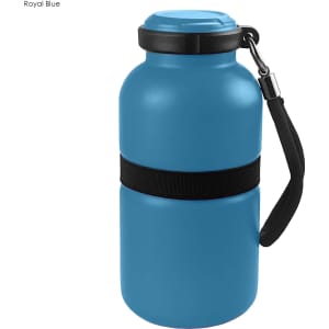 A drink bottle in royal blue with a black strap and a black band around the middle, featuring a logo on the side.