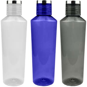 A drink bottle trio featuring translucent designs in clear, blue, and grey, with silver screw-on caps and logos.