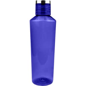 A drink bottle in translucent purple with a silver-coloured lid and a simple design. It features a logo.