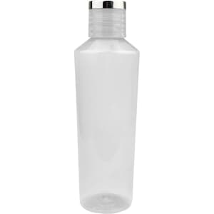 A drink bottle in transparent plastic with a silver-coloured cap and a simple, unadorned design.