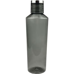 A drink bottle featuring a translucent grey body and a silver screw-on lid, with a logo on the side.