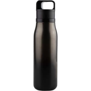 A drink bottle in sleek black with a secure lid and a handle, featuring a simple logo on the side.