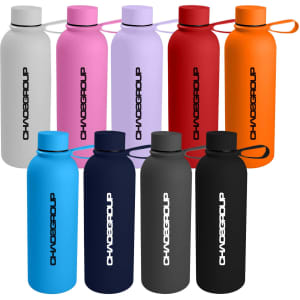 A drink bottle collection featuring a variety of colours including pink, purple, red, orange, blue, and black, with a logo.