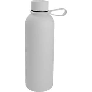 A drink bottle in matte white with a screw top lid and a carrying loop, featuring a logo.