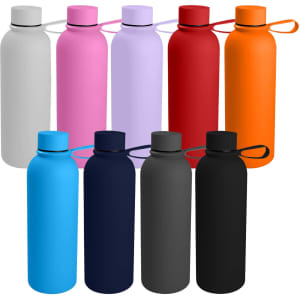 A drink bottle collection featuring various colours: grey, pink, purple, red, orange, blue, navy, charcoal, and black. Each has a logo.