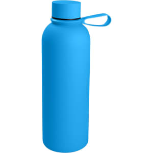 A drink bottle in a vibrant blue colour with a carry handle and a smooth, matte finish.