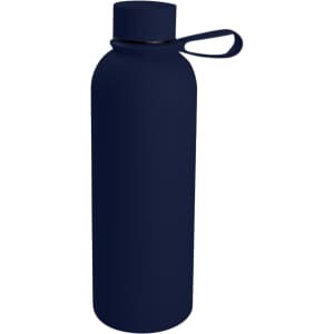 A drink bottle in navy blue with a attached loop. The design features a single wall structure and a logo.