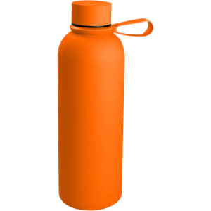 An orange 750ml single wall drink bottle with a lid and a carrying strap, featuring a logo.