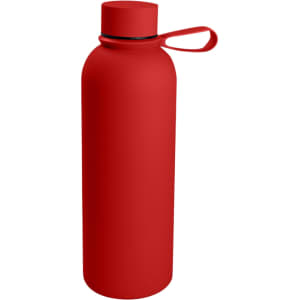 A drink bottle in bright red with a removable cap and carrying loop, featuring a logo.