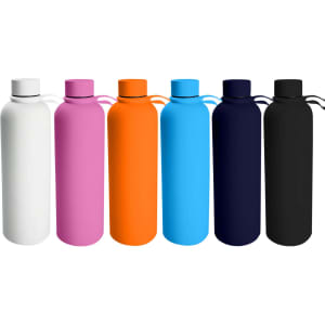 A drink bottle collection featuring white, pink, orange, blue, and black designs, all with a logo.