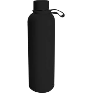 A drink bottle in matte black, designed as a 750ml vacuum flask with a looped cap and branding.