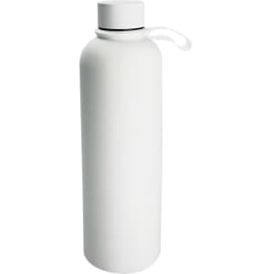 A drink bottle featuring a sleek, cylindrical design in white, with a black lid and strap, and a logo.