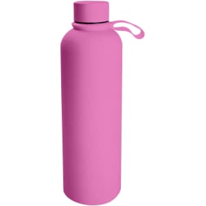 A drink bottle in a vibrant pink colour, featuring a lid and a carrying strap. It has a logo on the surface.